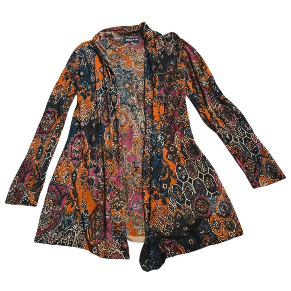 Jones New York Open Cardigan Size L Boho Drape Pink Purple Yellow Paisley Gypsy - Picture 2 of 8